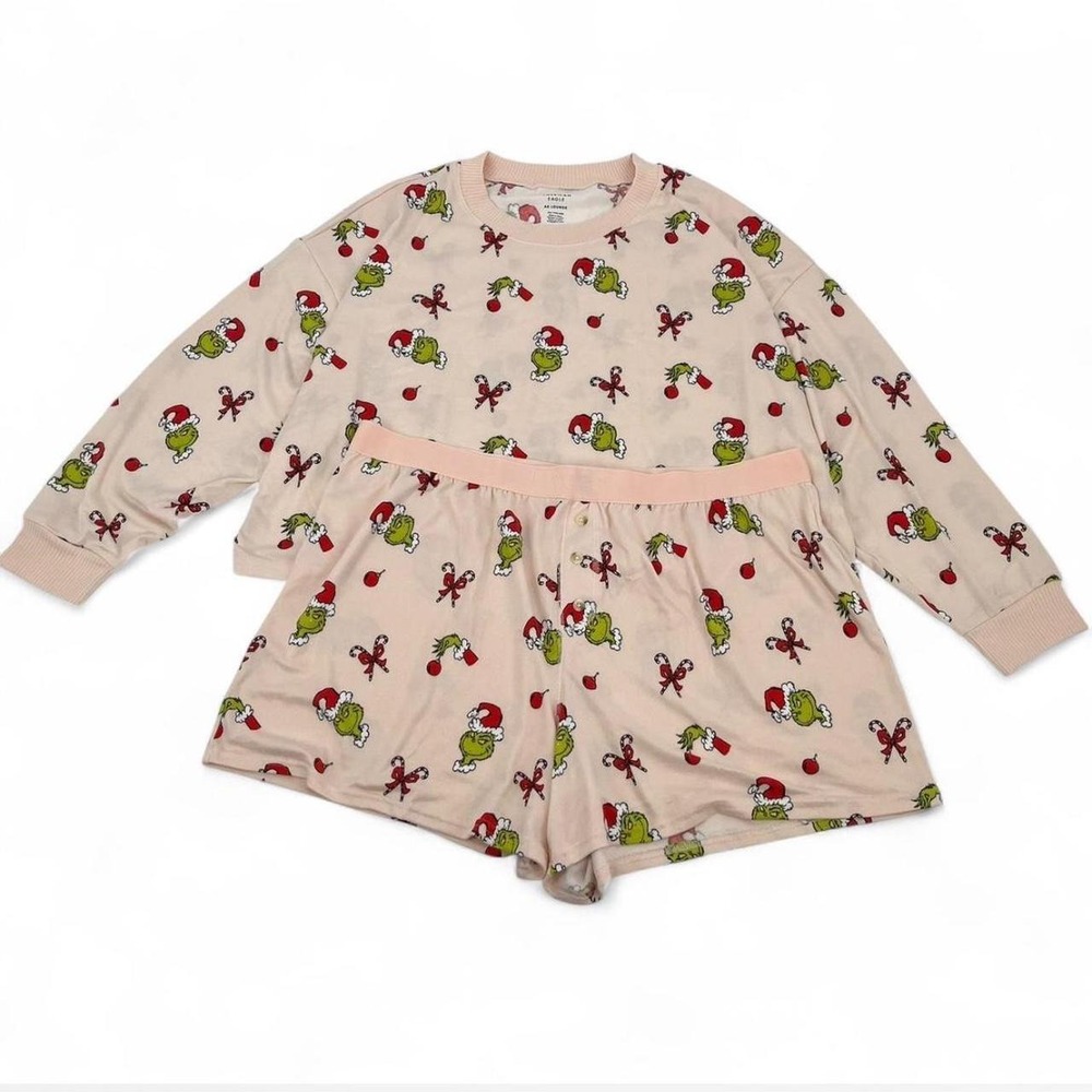 NWT AE Lounge Grinch Pajama Set XXL – Oversized Top & Shorts